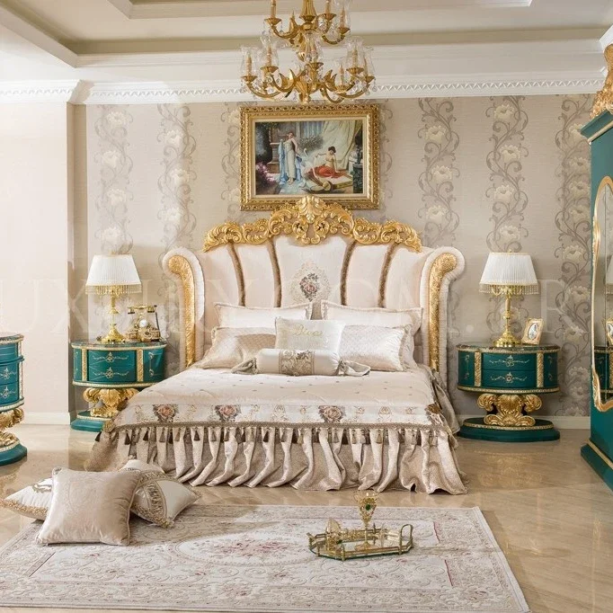 Luxury Unique Style Bed Royal Imperial Hand Made European Rococo Gold Leafing Antique Bed For Master Bedroom