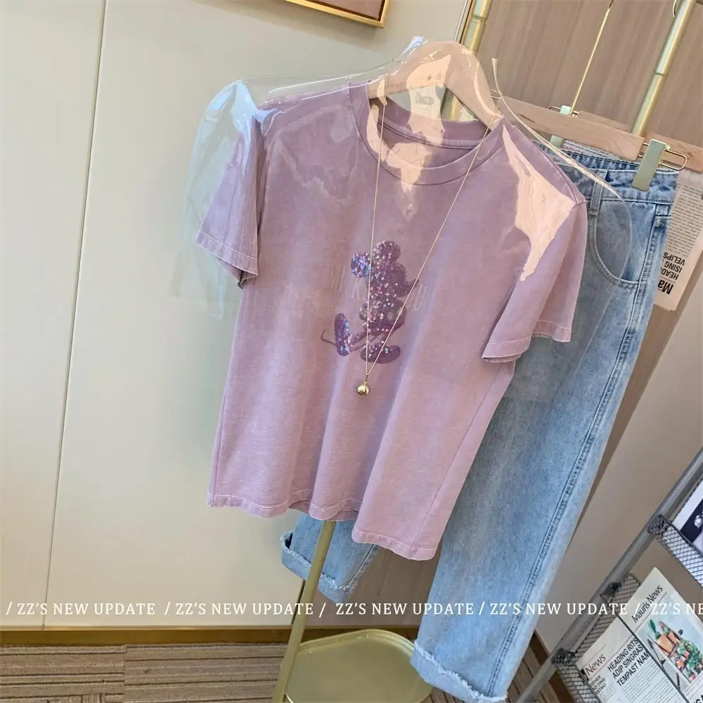 Disney Cartoon Embroider with Sequined Children T-shirt Summer Purple Tshirt for Boys and Girls Harajuku Aesthetic Children Top