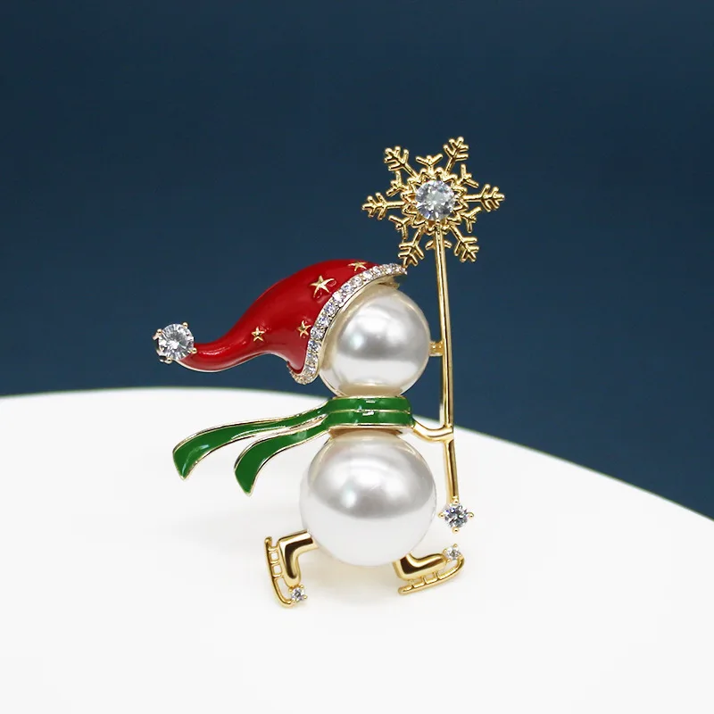 1Pcs Christmas Snowman Skiing Brooch, Female Imitation Pearl Creative Brooch Accessory, Personalized Sweater Jacket Accessory