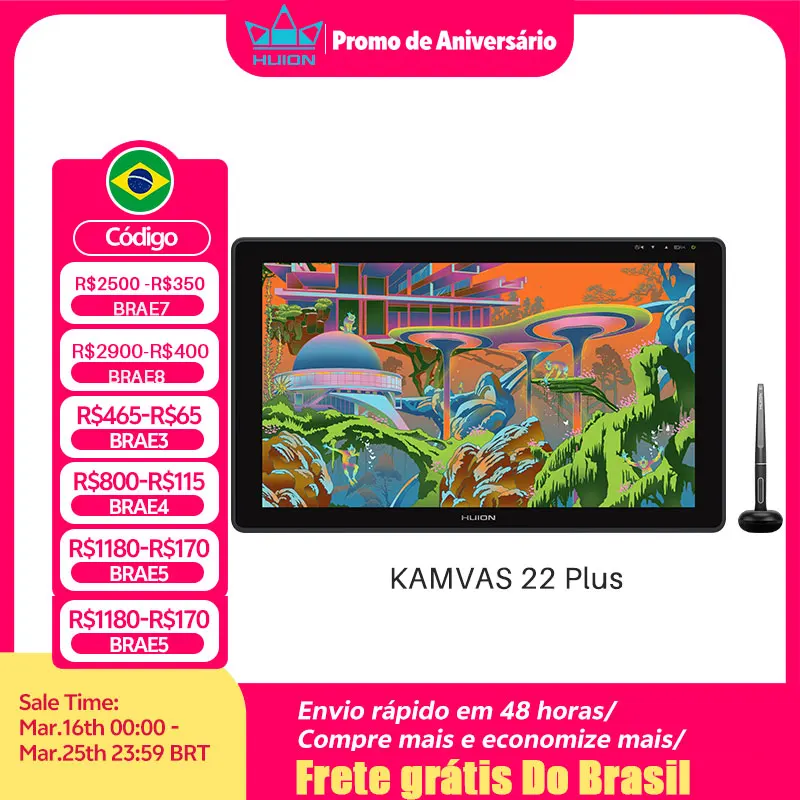 Display de Caneta Gráfica HUION-Kamvas 22 Plus, Tablet para Pintura de Arte Digital, Monitor QD, Vidro Gravado Anti-Brilho, 140% RGB, 21,5"