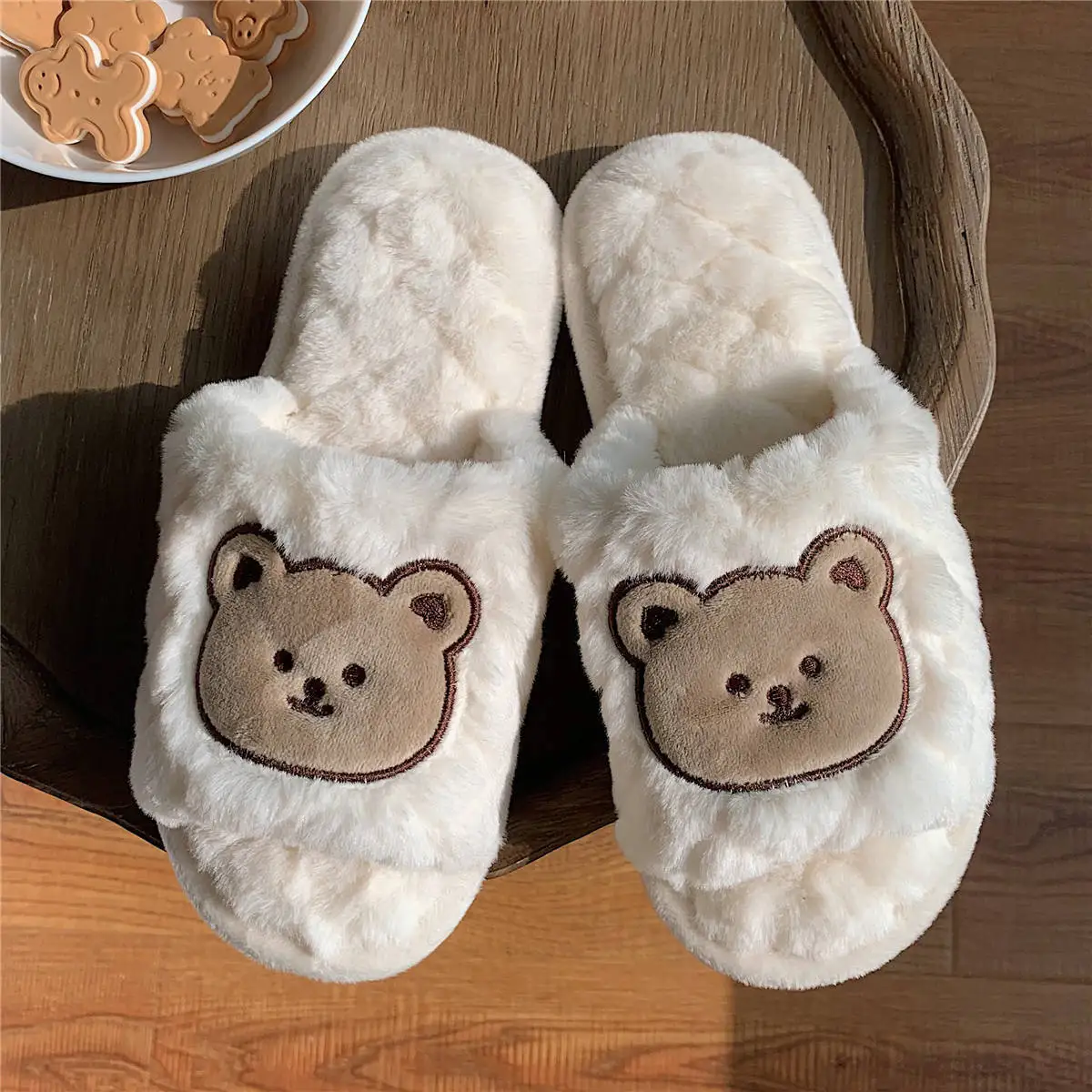 Fashion Cotton Slippers Lady One Word Open Toe Slippers Winter Home Non-slip Warm Cute One Word Indoor Home Floor Fur Slippers