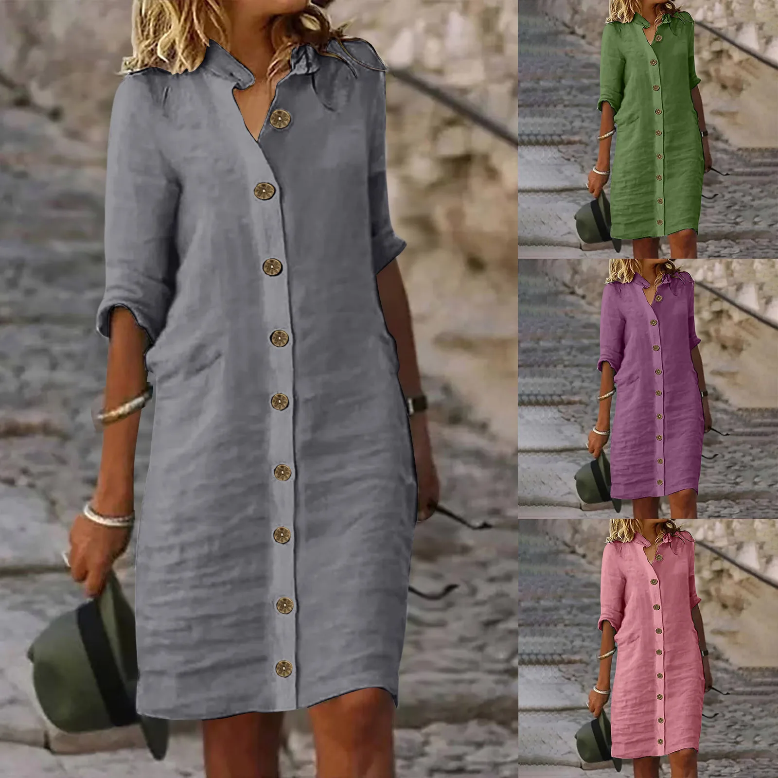 New Solid Color Loose Mid Length Skirts Women's Casual Dress Mid Sleeve Lapel Large Round Button Wash Water Wrinkles Dresses