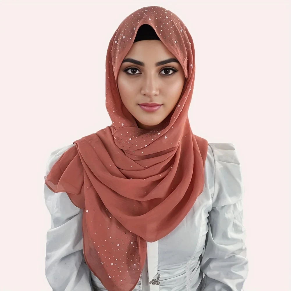 2024 New Solid Color Chiffon Scarf With Faux Diamond Decor Thin Breathable Hijab Elegant Style Windproof Sunscreen Shawl