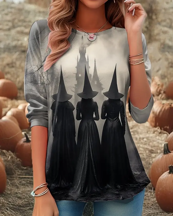 

Witch Festival Outfit Women's Halloween Dark Style Printed Long Sleeve Shirt Polyester Comfortable Round Neck Long Sleeve Tshirt