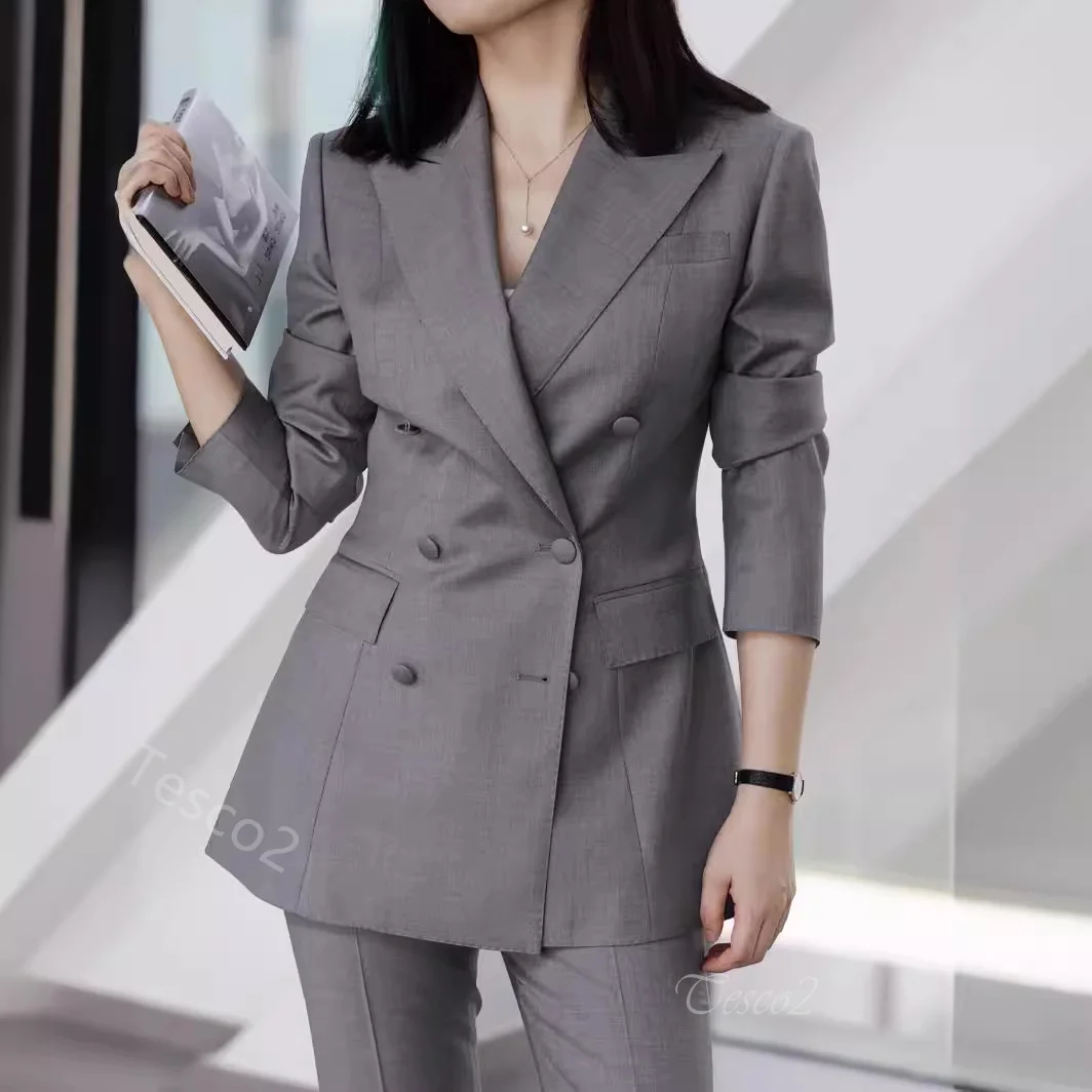 Tesco Business Casual Women\'s Suit Double Breasted Blazer And Pants Slim Fit Chic Pantsuit Grey Ceremony Outfits for Women 2 PCS