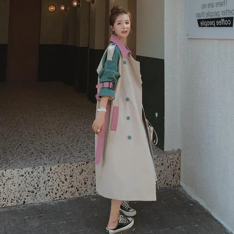 Color Blocking Long Windbreaker Jacket For Women 2025 New Spring Autumn Korean Style Loose Versatile Overcoat Female Trench Coat