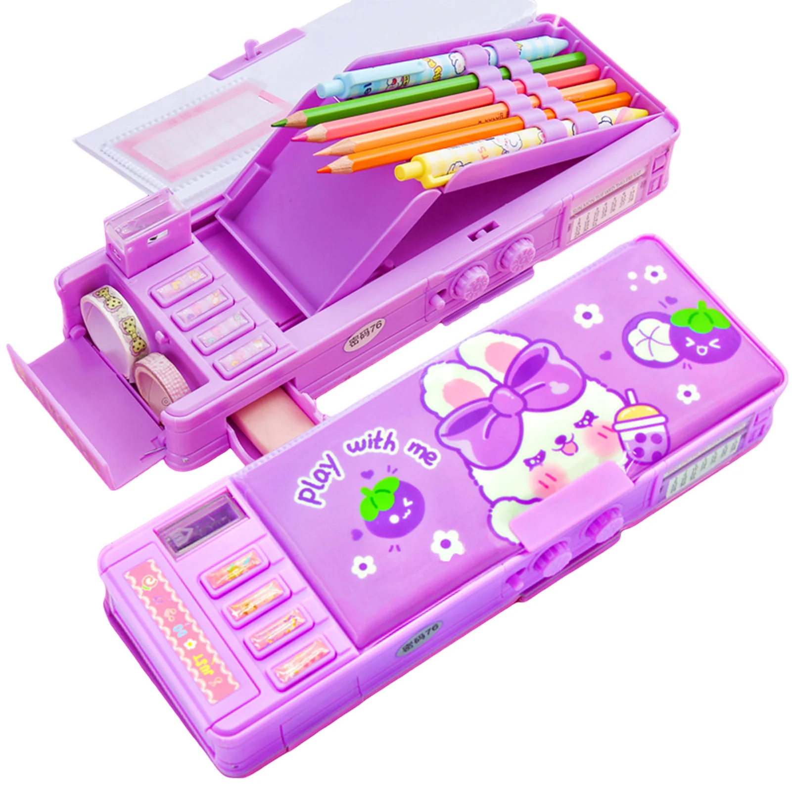 Imagem -05 - Caixa de Papelaria Plástica com Coelho Bonito Morphing Combinação Bloqueio Multifunções Pen Case Material Escolar Roxo