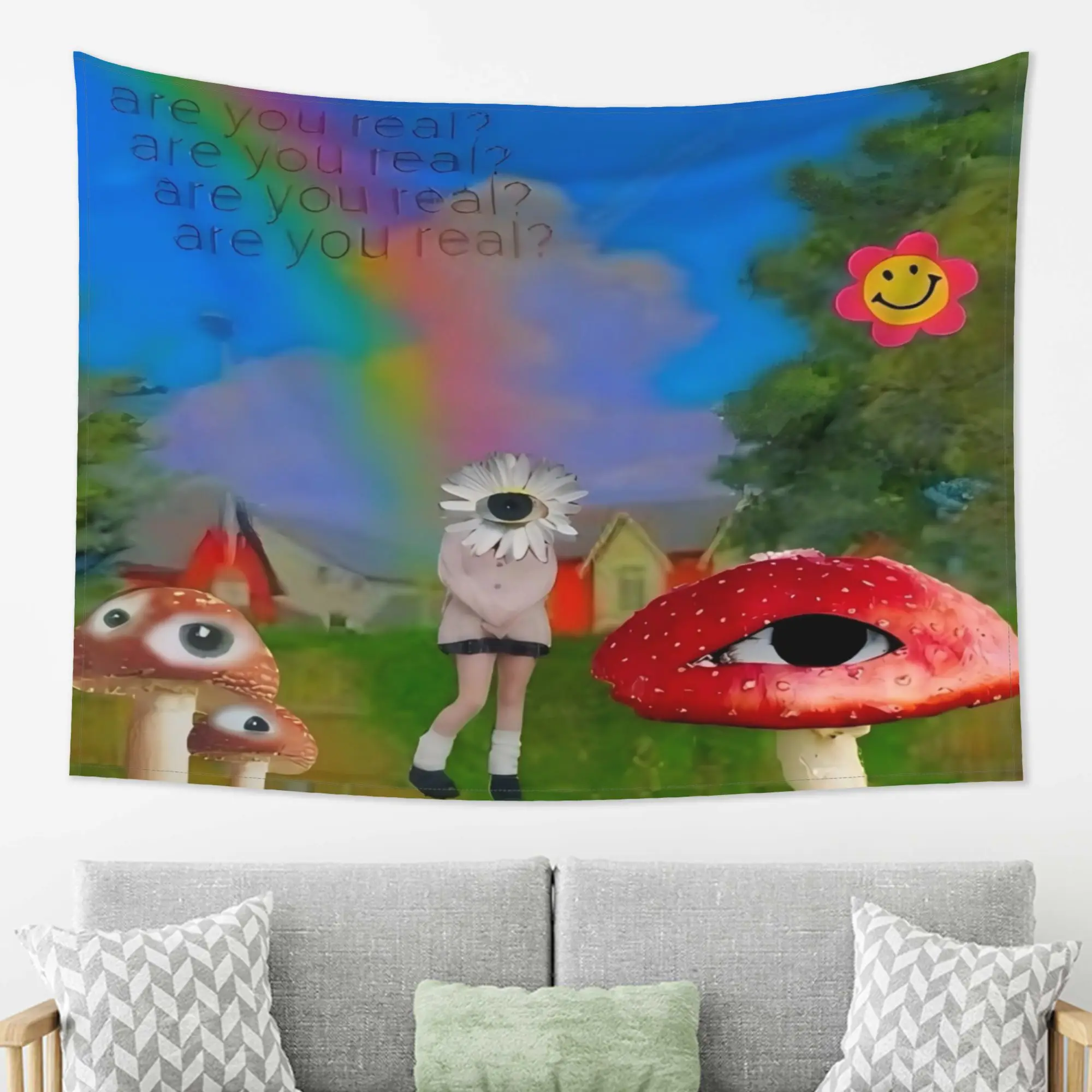 1pc Weirdcore Mushroom Eye Tapestry Are You Real Text Wall Hanging Trippy Rainbow Surreal Aesthetic Dorm Bedroom Room Decor
