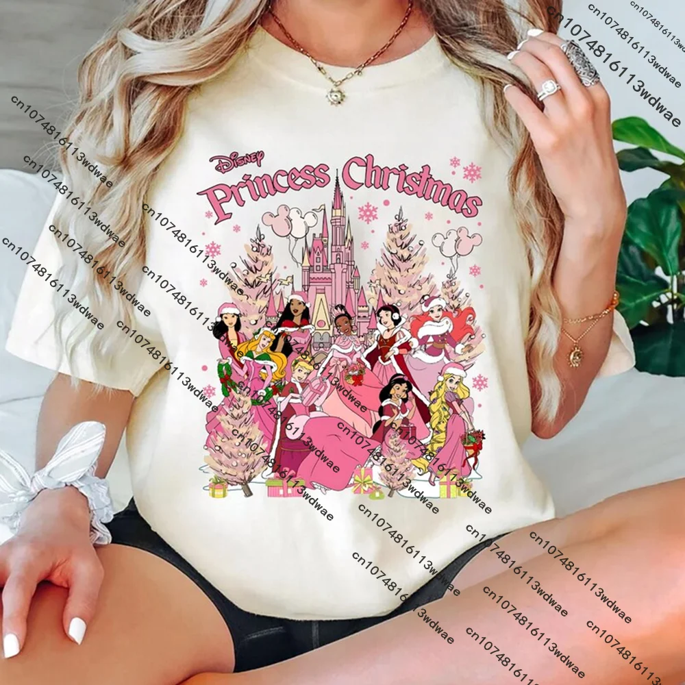 

Принцесса Диснея для рождественской вечеринки, Рождественская футболка Диснея 2025 года, модная повседневная женская рождественская футболка Disney Magic Kingdom, Рождество