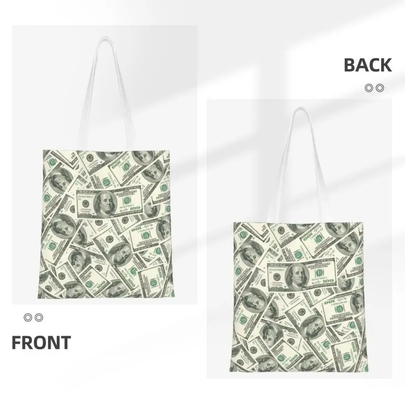 Money Dollars Bitcoin Digital Currency Grocery Shopping Bag Printing Canvas Shopper Tote Shoulder Bag Virtual Printing Handbag