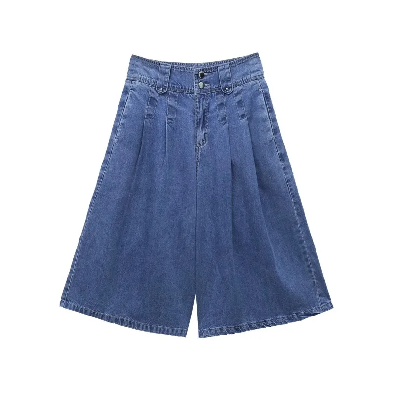 جينز نسائي مريح صيفي رقيق وفضفاض غير رسمي تنورة سروال عالي الخصر للتخسيس سبع نقاط واسعة الساق