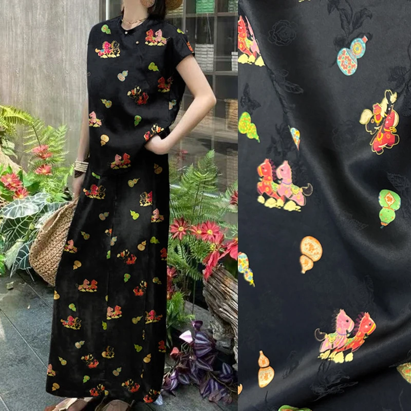 4Colors 114CM Wide 25MM Bouble-Horses Printed Silk Fabric for DIY Sewing Summer Dress Pants Pajamas R6514-2