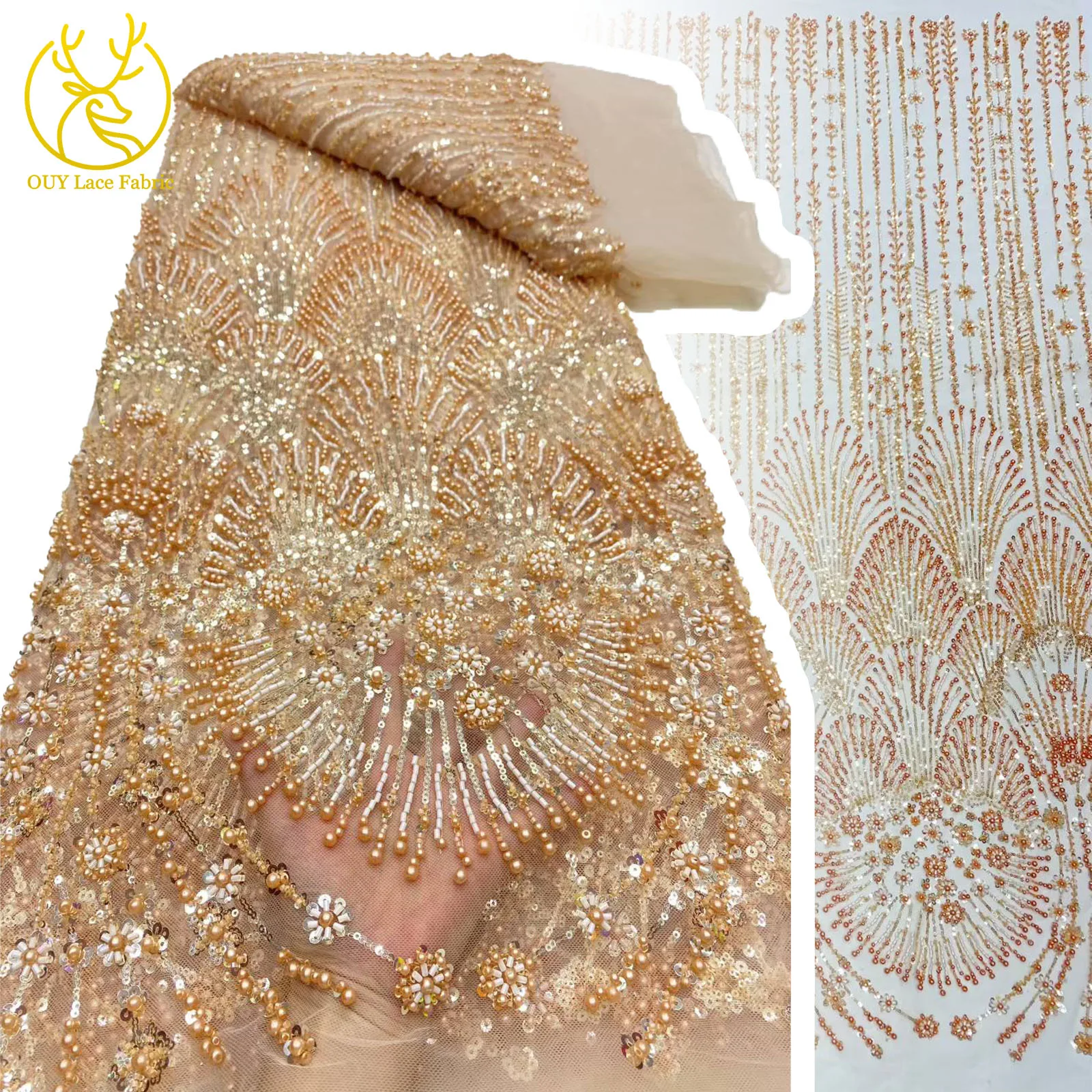 

2025 High Quality African Heavy Beaded Lace Fabric Luxury French Sequins Mesh Embroidery Tulle Fabric for Wedding Party Dresses