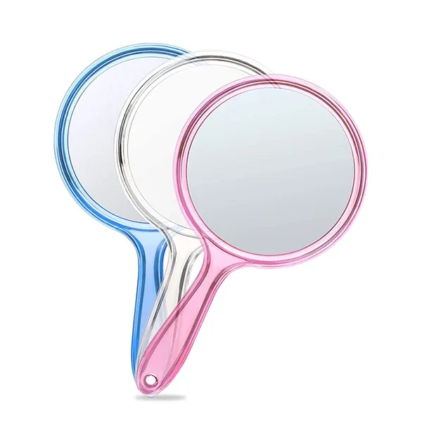 Double-Sided Handheld Mirror com alça, Arredondado Forma Maquiagem Mirror, Transparente Mão Espelho, 1x, 3x Ampliação