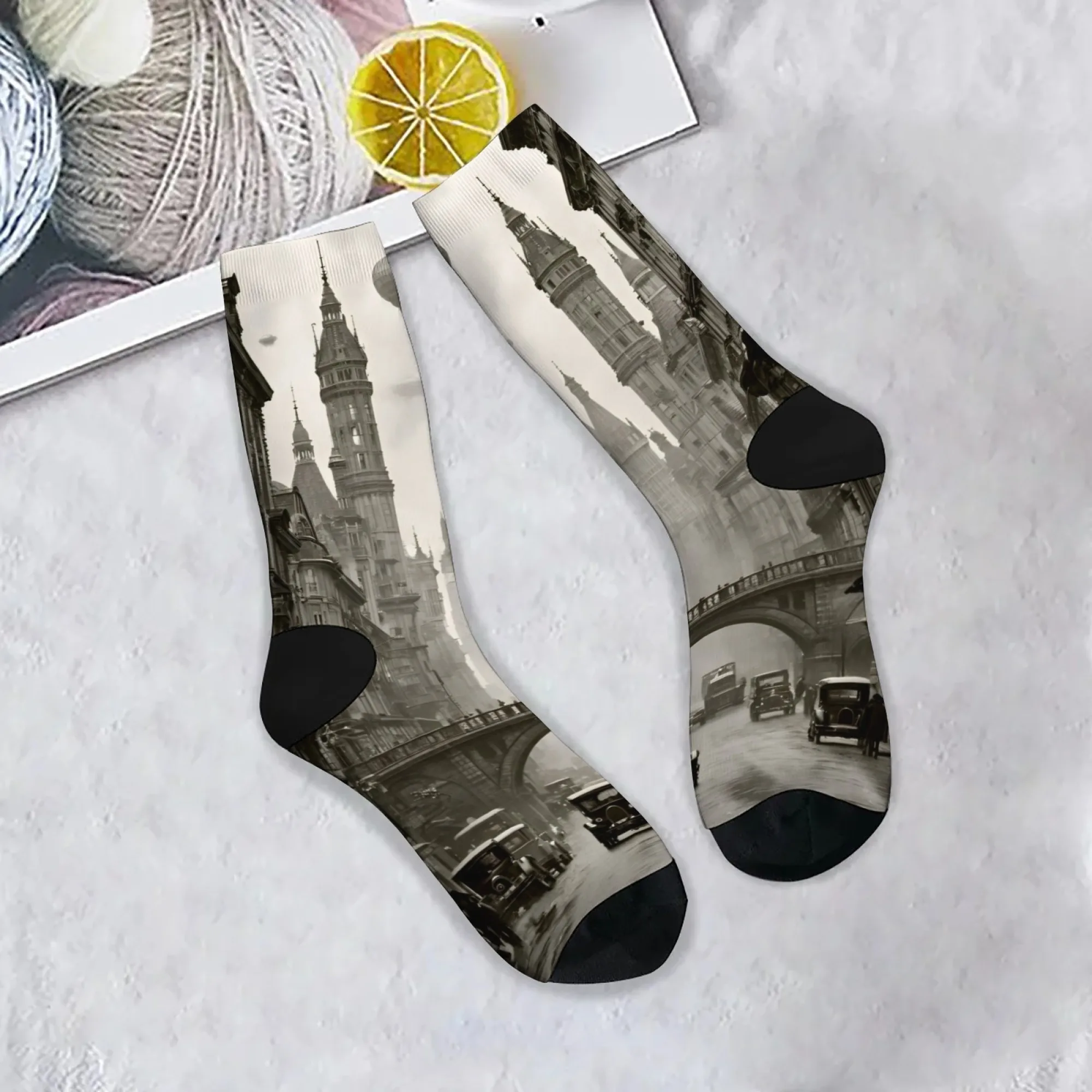 Harajuku retro preto e branco cidade nostálgica paisagem impressão meias masculinas romance tendência de rua estilo futurista meias casuais presente