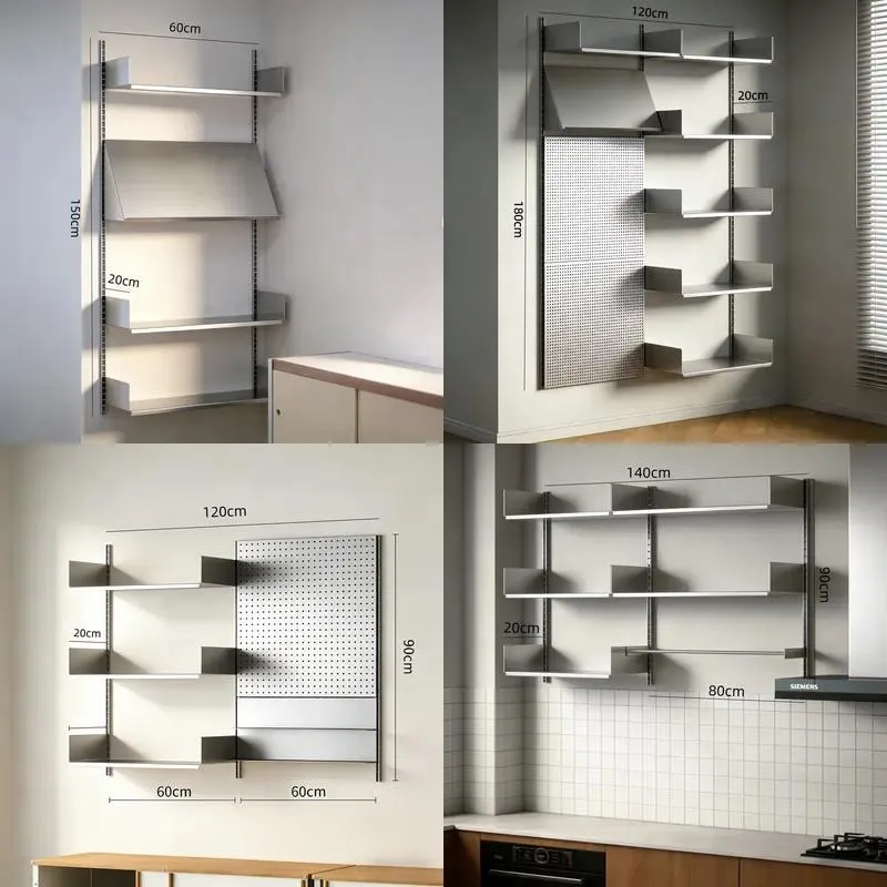 Wall Mounted Pegboard Storage Rack Stainless Steel Track Bookshelf Adjustable Height Display Shelf