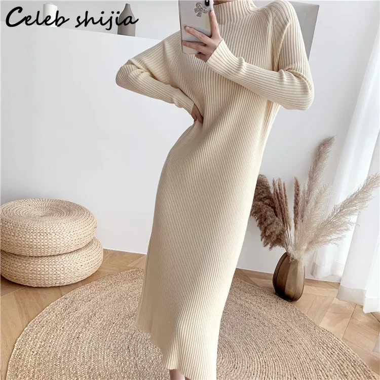 Black Striped Sweater Dress Women Long-sleeve Autumn Winter Turtleneck Knit Dresses Vestido Streetwear Clothing Sweet