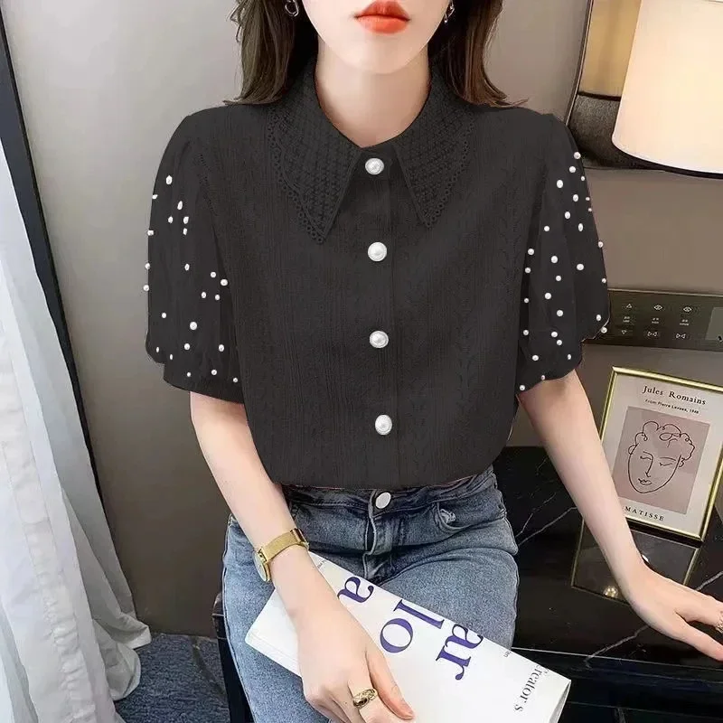 Summer White Lace Shirts Women 2024 Elegant Fashion Beading Casual Blusas Mujer Korean Style Slim Black Puff Sleeve Tops Blouses