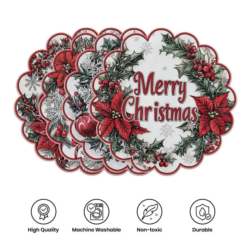 Christmas Lace Placemat Holiday Round Insulated Table Mat Wear-Resistant Plate Mat Home Dining Table Decoration Placemat