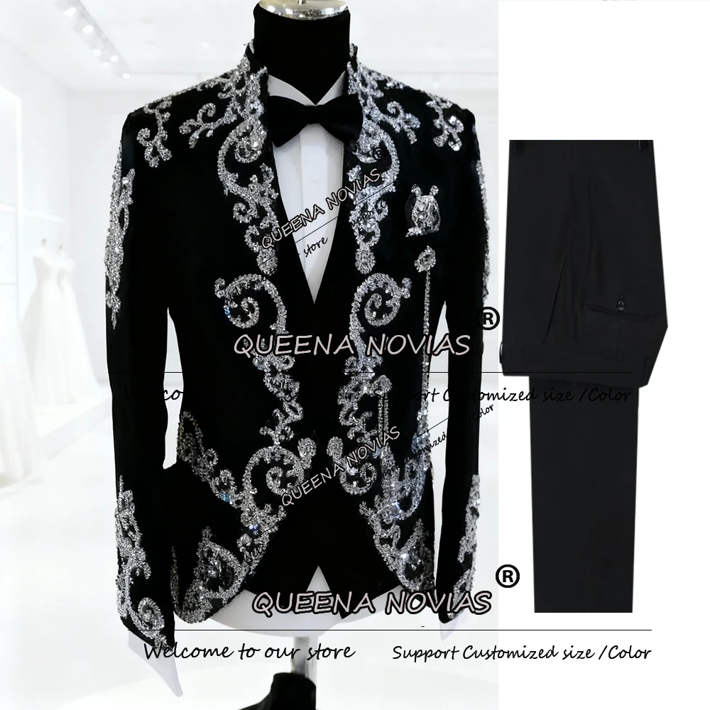 

Glittering Beaded Crystals Suit Men 2 Piece Jacket Pants Customized Exquisite Groom Wedding Tuxedos Attire trajes para hombre