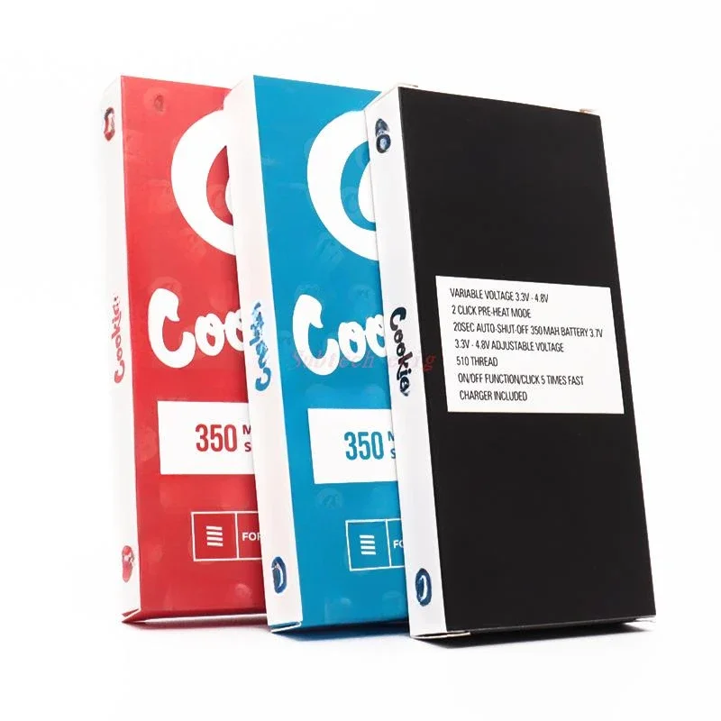 แบตเตอรี่แบบชาร์จได้สำหรับเครื่องพ่นควันแบบปากกา ขนาด 350 มิลลิแอมป์ รุ่น Cookie 2 ชิ้น/ชุด ขั้วเกลียว 510 สำหรับน้ำมันเข้มข้น ปรับแรงดันไฟฟ้าได้