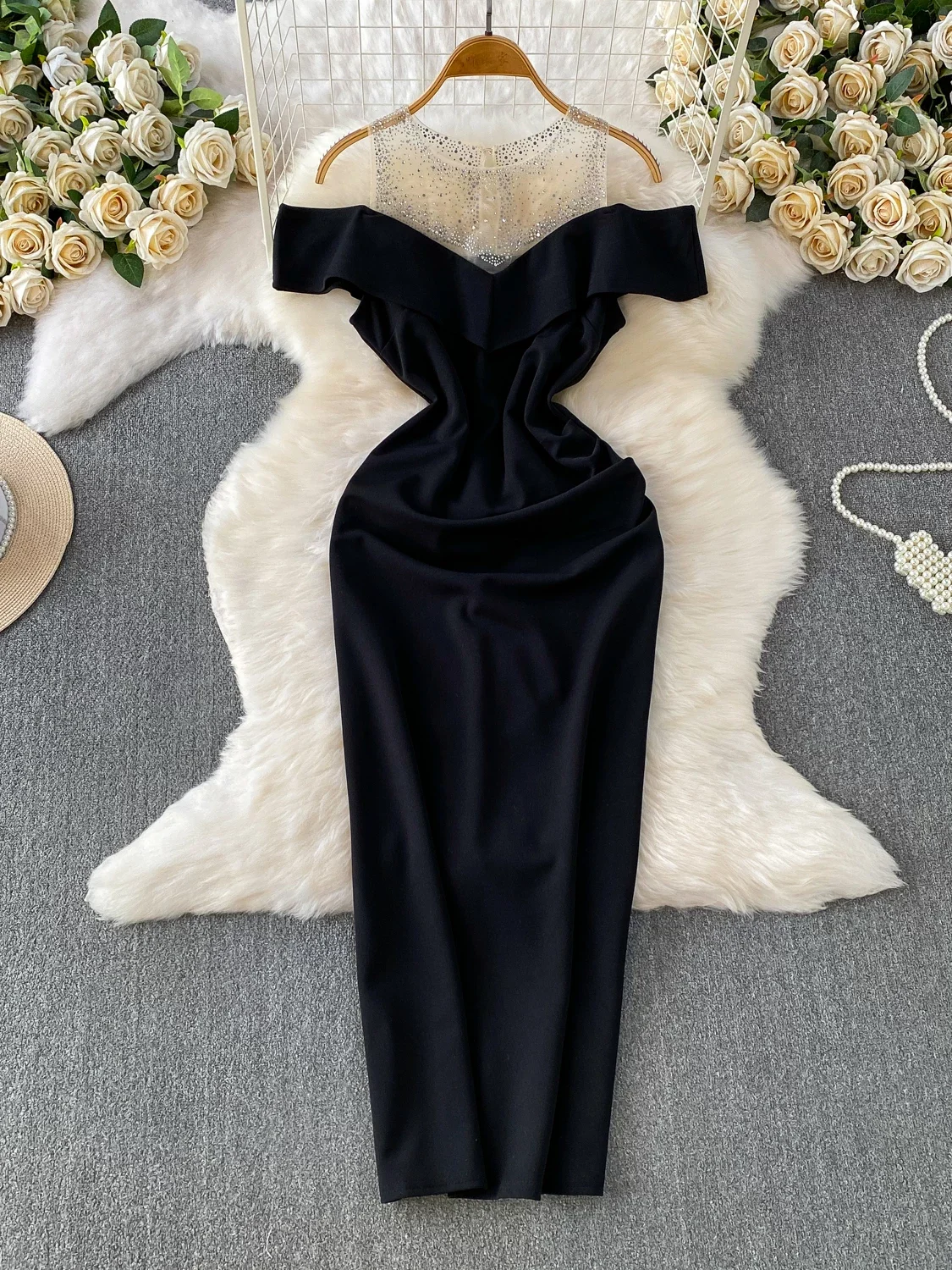 Women's Black Hollow Out Off Shoulder Dress Elegant Vintage Luxury Long Dress Mesh Patchwork Evening Long Dress for Women Summer