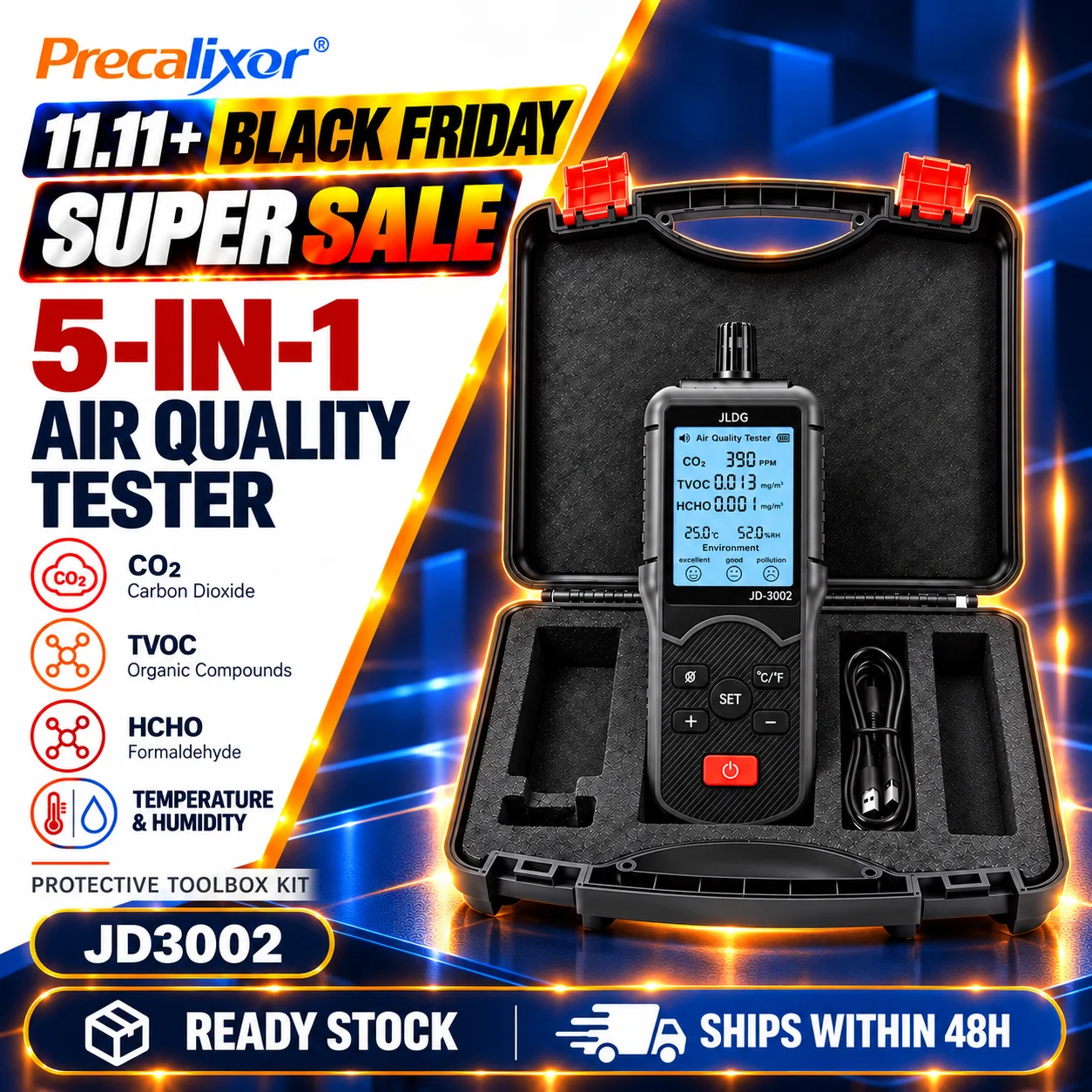 Air Quality Monitor 5 in 1 CO2 TVOC HCHO Detector Temperature Humidity Tester 2000ppm LCD Alarm Indoor Home Office