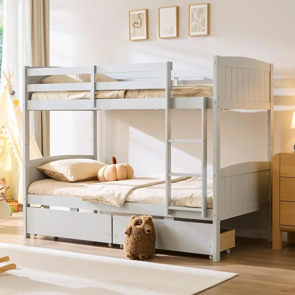 

Twin Over Twin Bunk Bed with Storage, Solid Rubberwood, 2-in-1 Convertible Loft Beds, Ladder Included, Suitable for Kids and Tee
