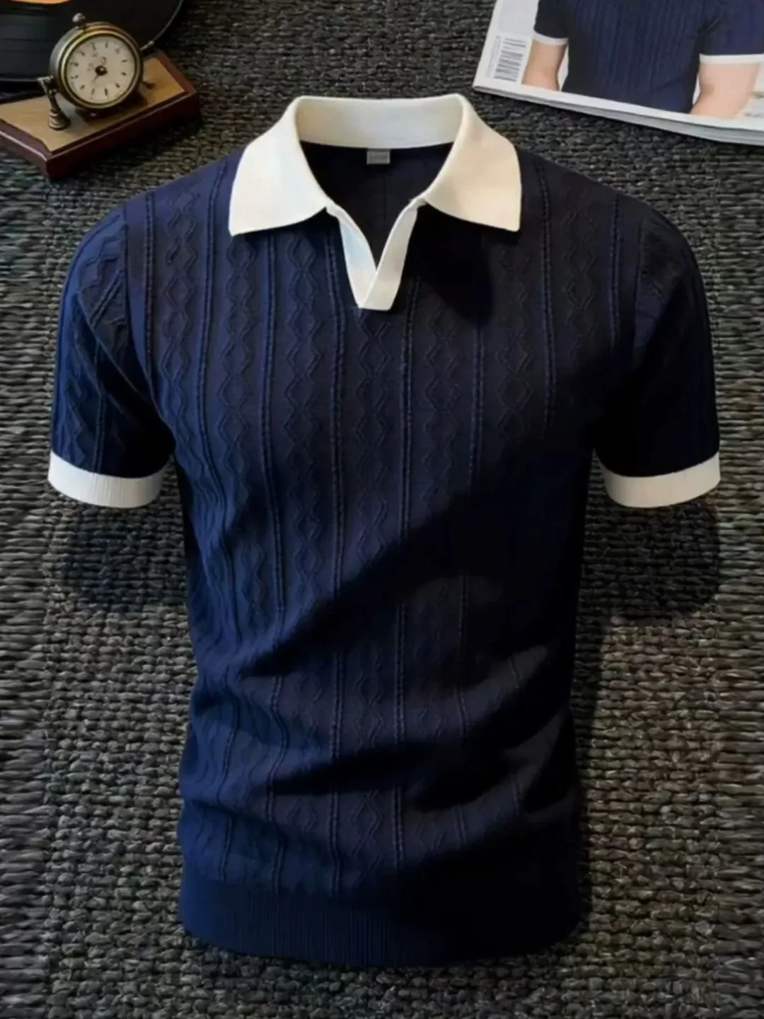 White Knitted Short Sleeve  Shirt Men's Summer Wide Shoulder Slim Fit Waist T-Shirt Half Sleeve Cool Feeling Casual Style
