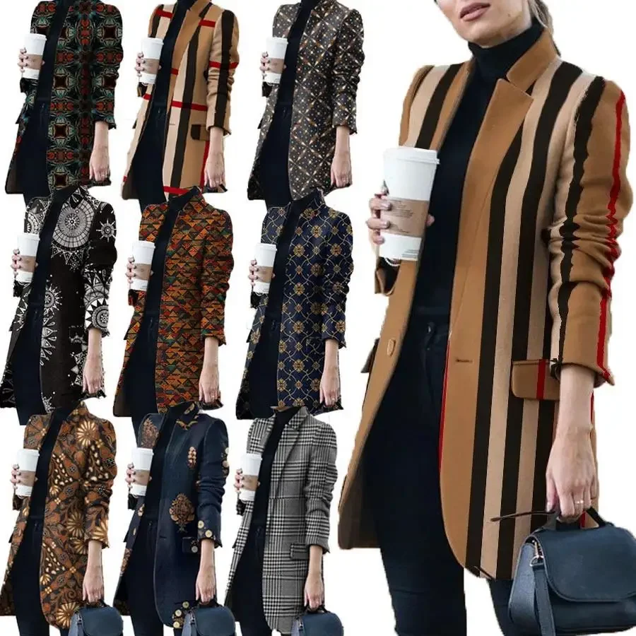 

2023 Express Amazon Ebay Outwear Autumn Winter Overcoat New European American Fashion Printed Stand Collar Woolen Coat Woman