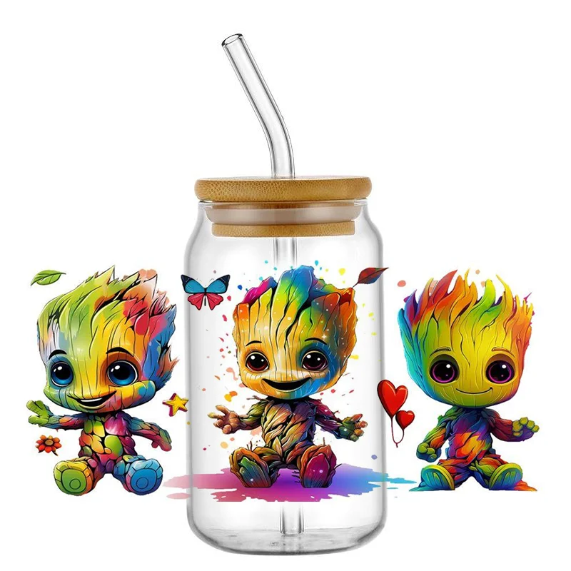 Miniso Cartoon Groot 16OZ UV DTF Cup Wraps Transfer Sticker For Glass Libbey Can Bottle Selfadhesive Washable DIY Custom