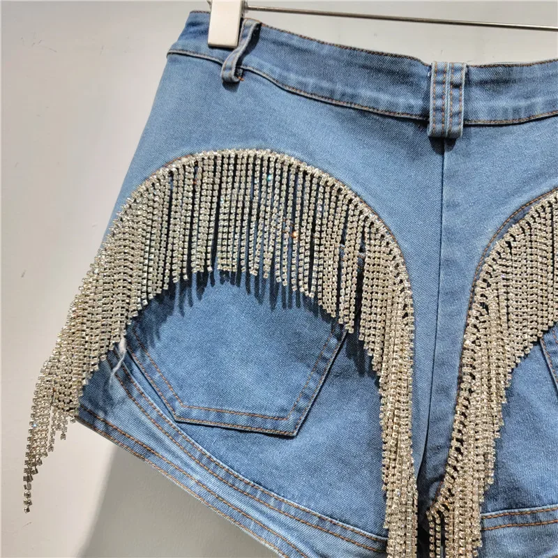 شيك كريستال الماس شرابات الربط الساخن الدنيم السراويل الإناث الخصر النحيف ضيق الراين مهدب الجينز السراويل كاوبوي بنطلون
