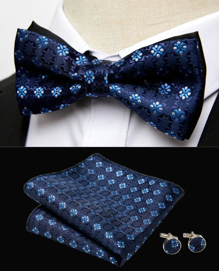 HUISHI Klassische blaue Fliege für Männer, Paisley-Blumenfliege, Einstecktuch, Manschettenknöpfe, Anzug-Set, Hochzeit, Party, kariert, solide Schmetterling – Detail 9