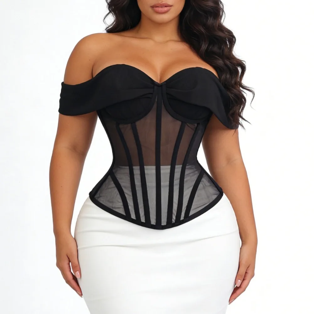 

Women Mesh Corset Bustier With Underwire‌ Cups Lace Up Boned Transparent Mesh Upgrade Bodice Sexy Crop Tops For Wedding Party
