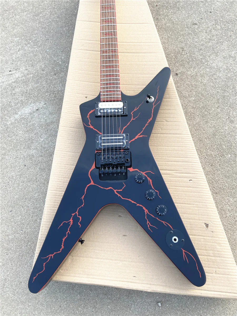 Custom Red Lightning shaped double shake electric guitar mahogany body with black accessories