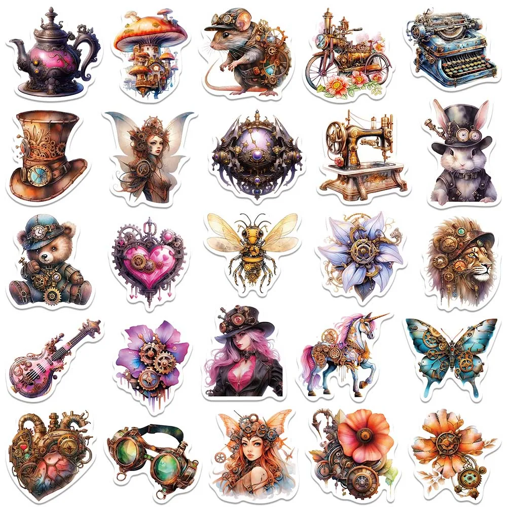 50pcs Aesthetic Watercolor Cartoon Steampunk Graffiti Stickers For Laptop Water Bottle Luggage Notebook Waterproof Vinyl Decals