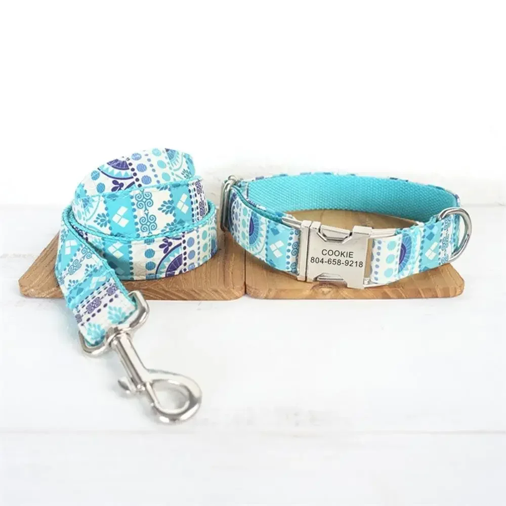 

Personalized Dog Collar with Free Engraving, Matching Pet Leash,Customzied Contacts Metal Buckle,Light Blue Ethnic Pet Collar