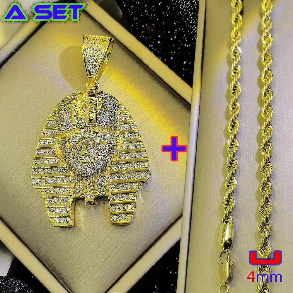 New Exclusive Customized Hip Hop Gold Necklace, Full Diamond Egyptian Pharaoh Pendant, 18K Gold Plated Classical Craft