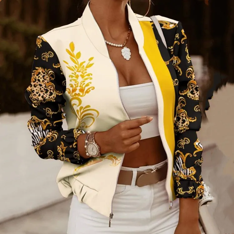 

202 Faion, женская повседневная верхняя одежда, пальто для поездок на работу, длинное пальто с воротником-стойкой и принтом на молнии