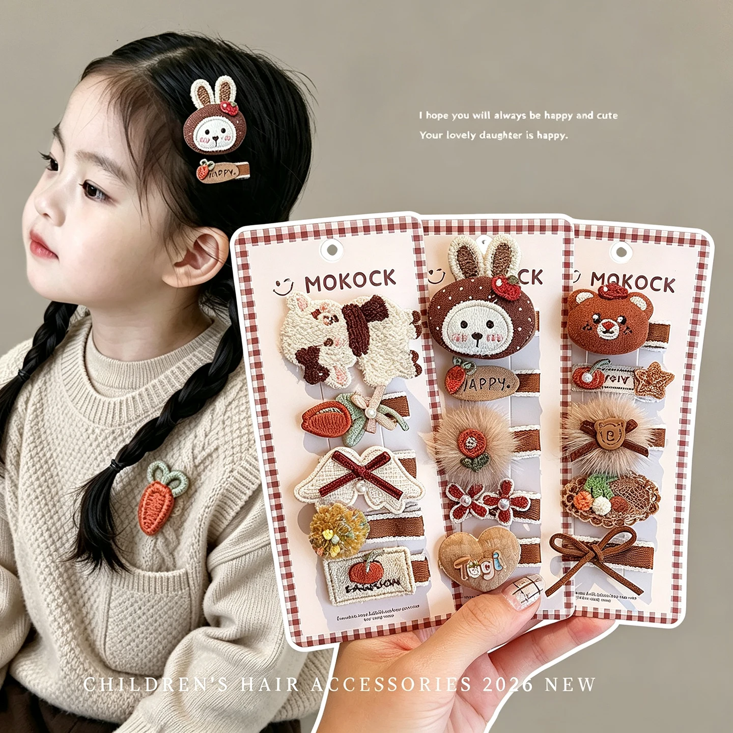 5-teiliges Set mit niedlichen Haarspangen mit Cartoon-Tiermotiven für Mädchen, Vintage-Stoffschleifen-Haarspangen, handgefertigte Kinder-Haarnadeln, Winter 2026 – Detail 1