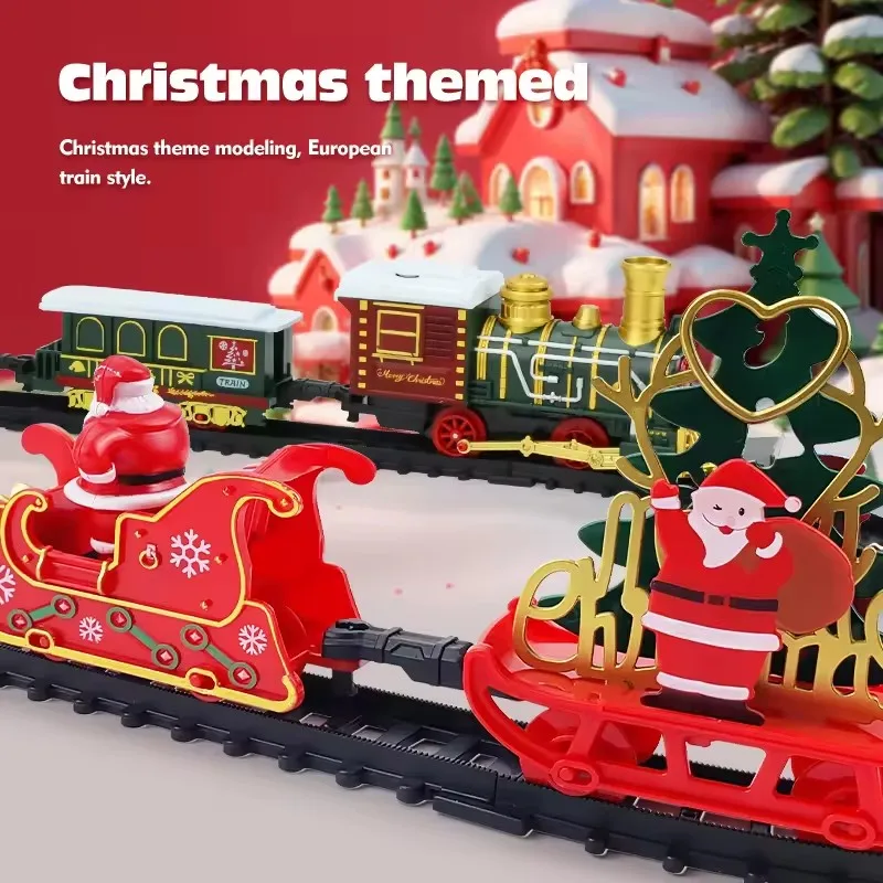 2025 Christmas Tree Electric Train Tracks Set Santa Claus Cargo Cars With Xmas Sounds Lights Toys For Kids New Year Xmas Gift