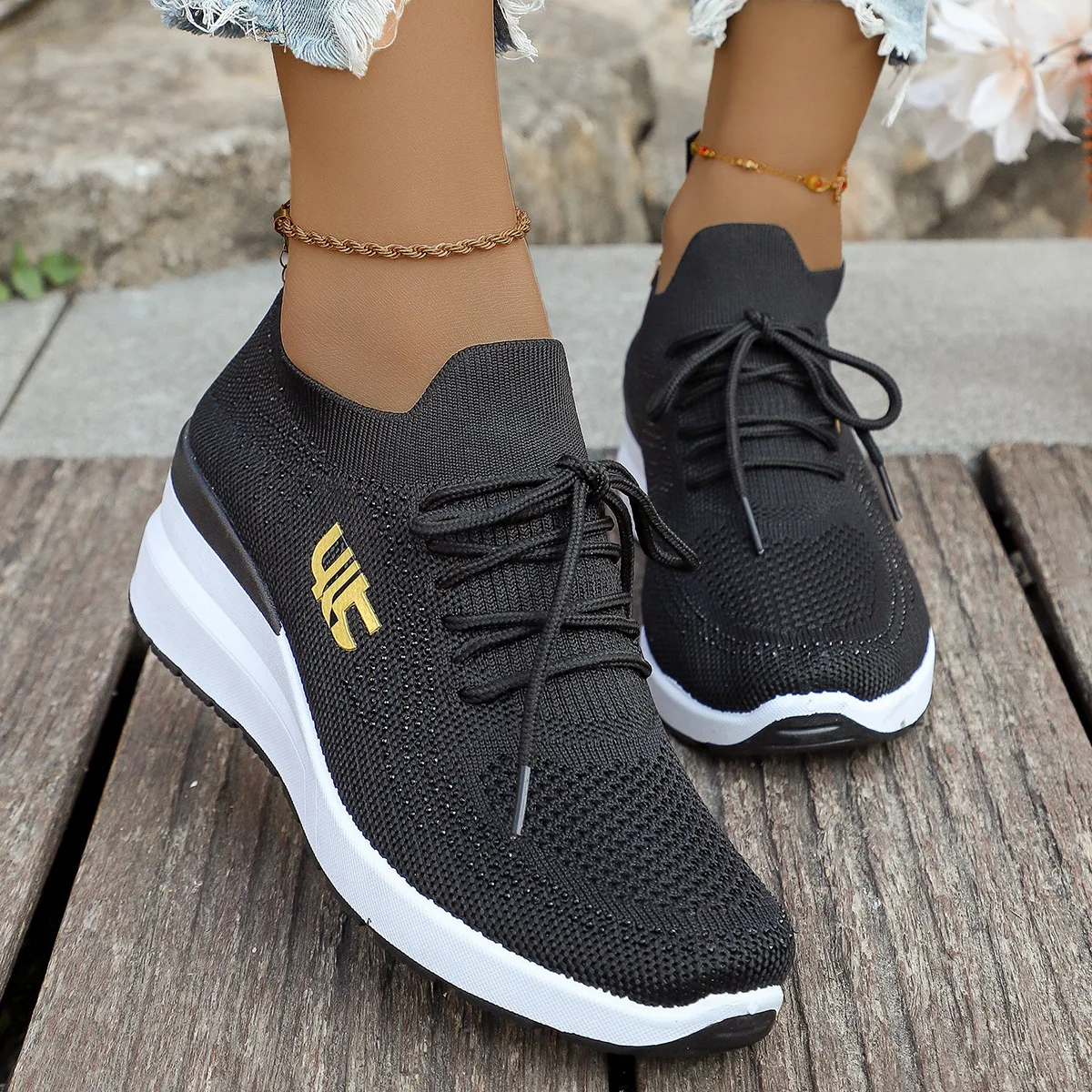 Women's plus Size Lace up Casual Shoes Fashionable Wedge Heel Thick Sole Mesh Sports Footwear