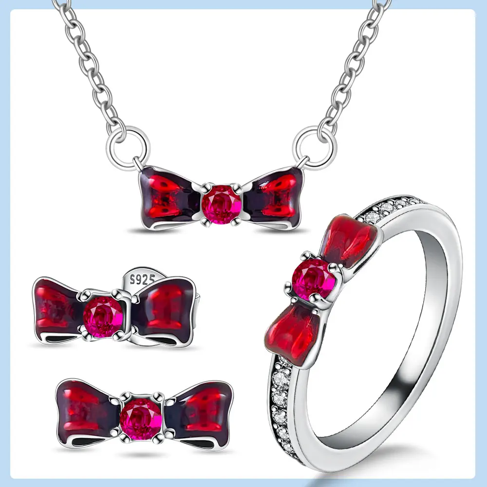 

2025 Silver 925 Snow White Bow Stud Earring Necklace and Ring Set is Suitable for Giving Girlfriends DIY Exquisite Jewelry Gifts
