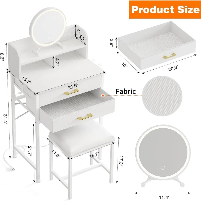 Маленький белый туалетный столик с зеркалом и стулом с подсветкой, комод для макияжа с двумя тканевыми ящиками, розеткой, компактным столом