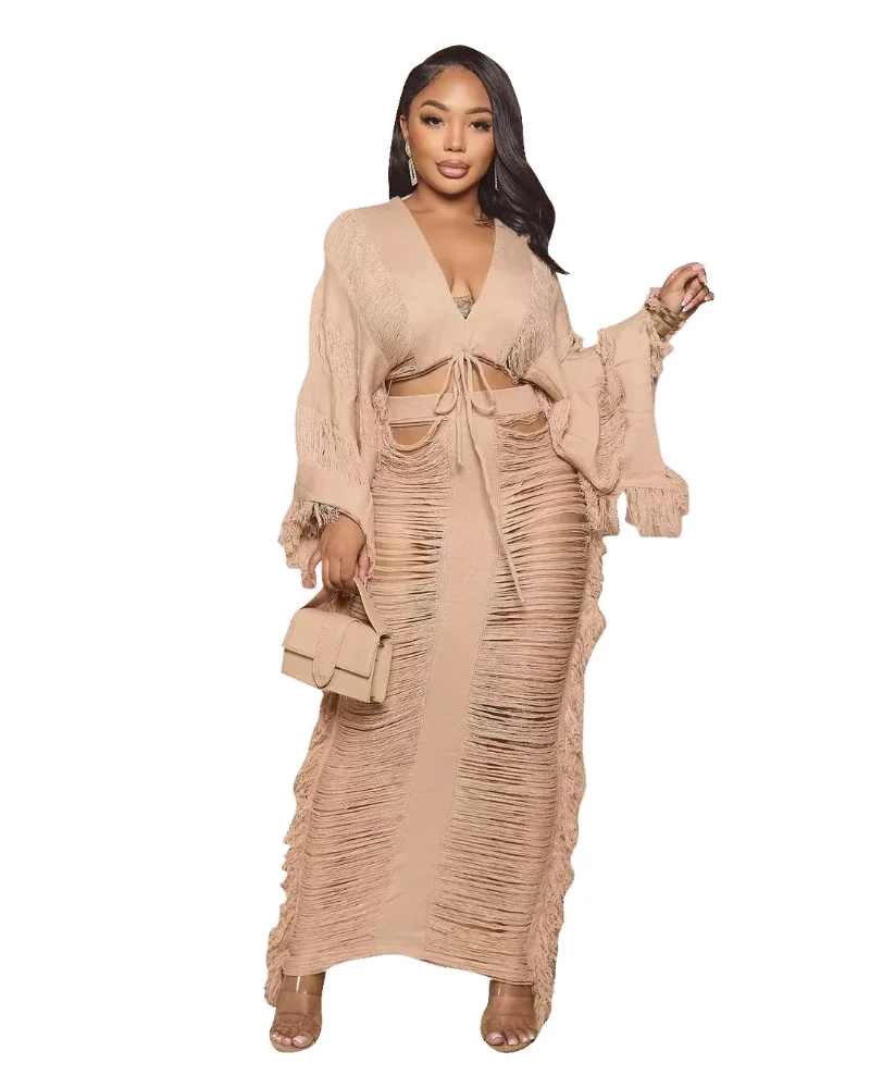 African Clothes for Women Summer Autumn African Long Sleeve V-neck Polyester 2 Pieces Top Long Skirt Matching Sets