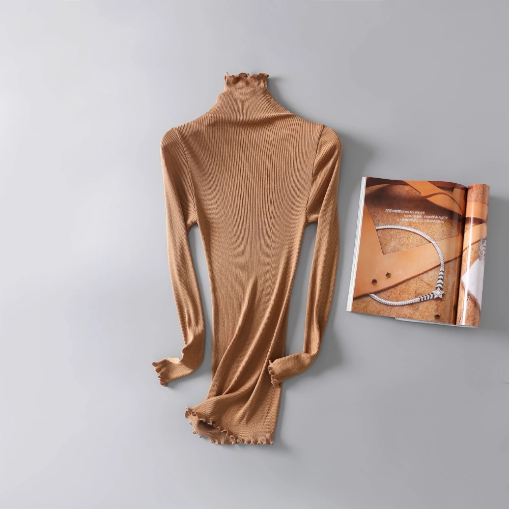 Birdsky, Women long sleeve turtleneck pullover Tops Tees ruffles high collar slim fit extended Rib 70% mulberry silk, OR-46
