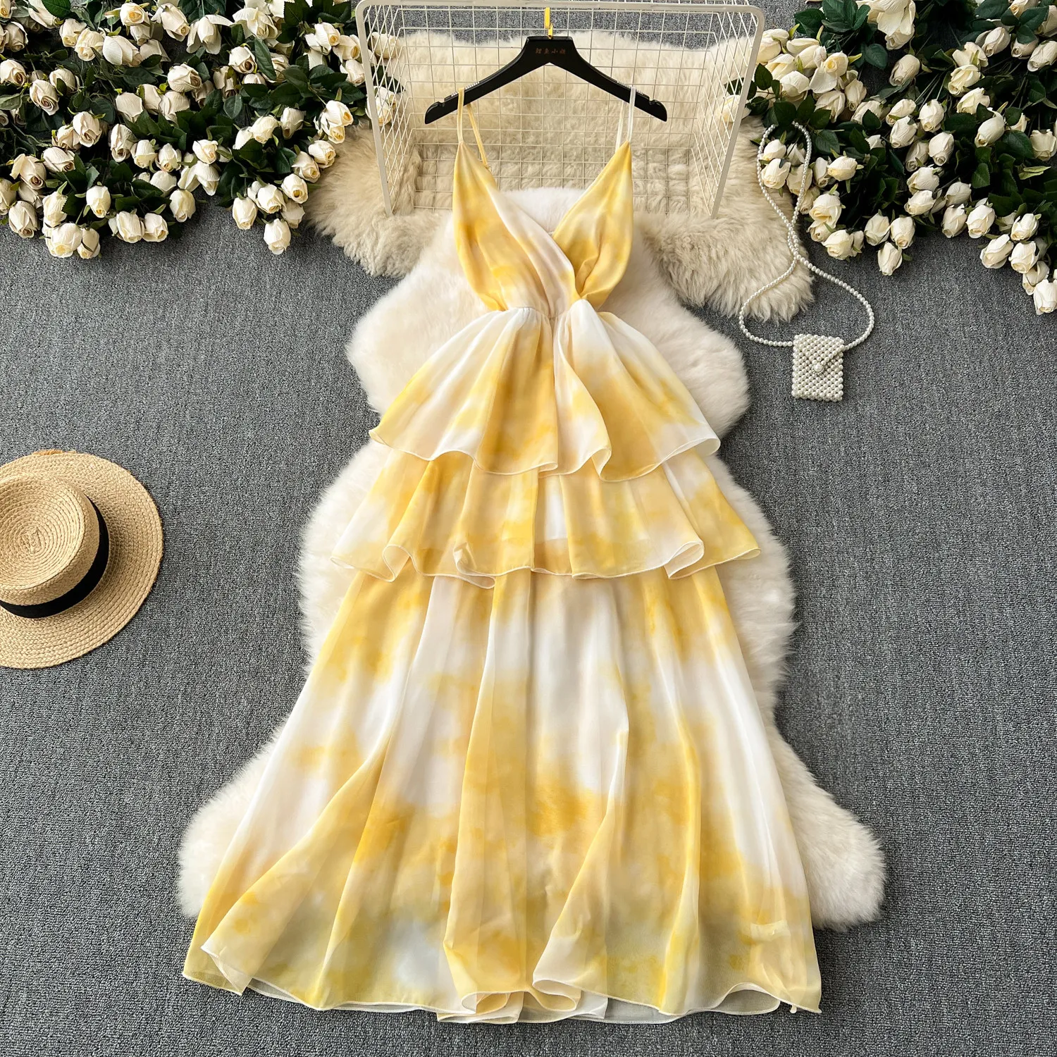 

Chic vintage ruffle V-neck off shoulder Elegant korean fashion women clothing summer A-line dress
