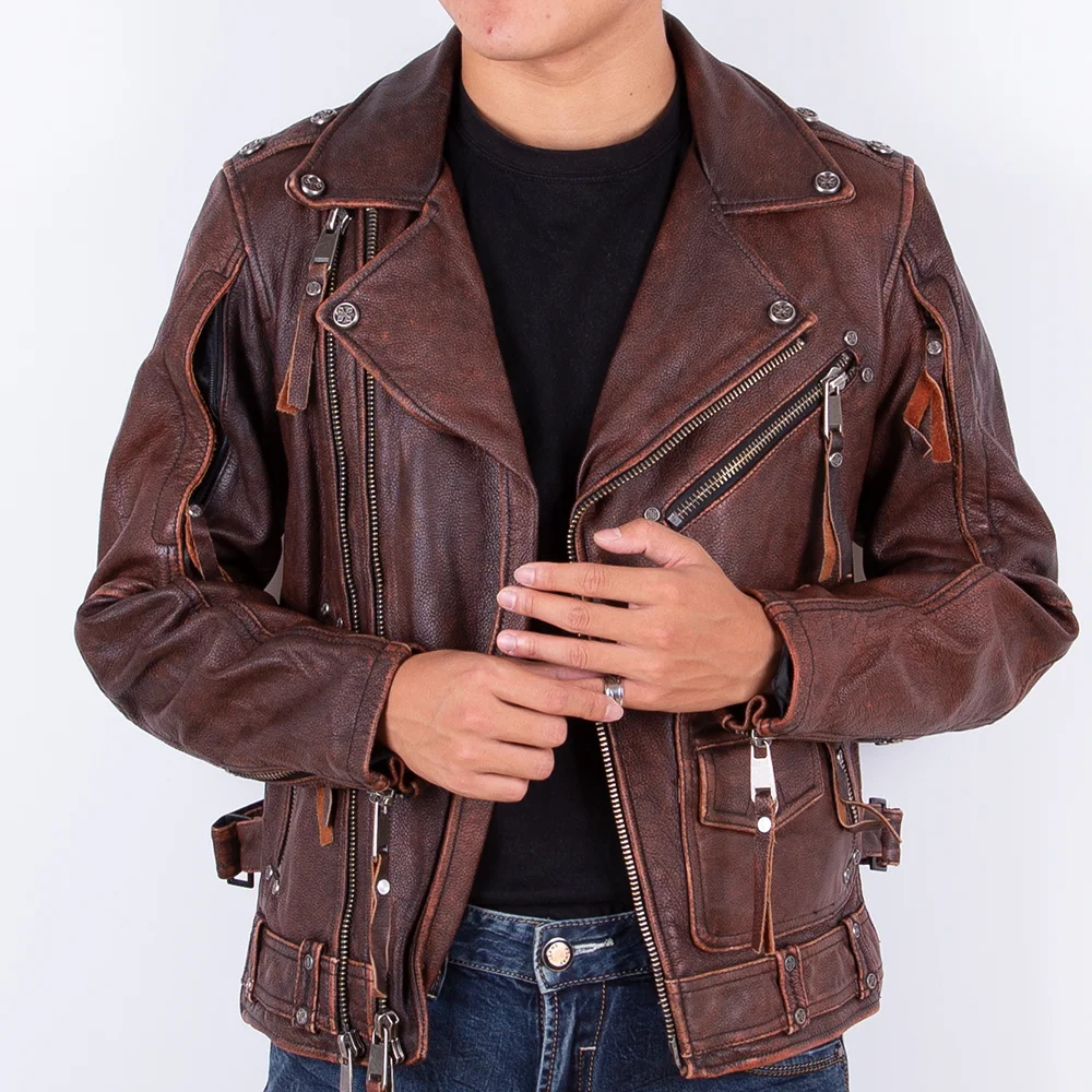 Men＇s2022 Autumn Brown jacket Top Layer Cowhide Retro Genuine Leather Oblique Zipper Motorcycle style Coat