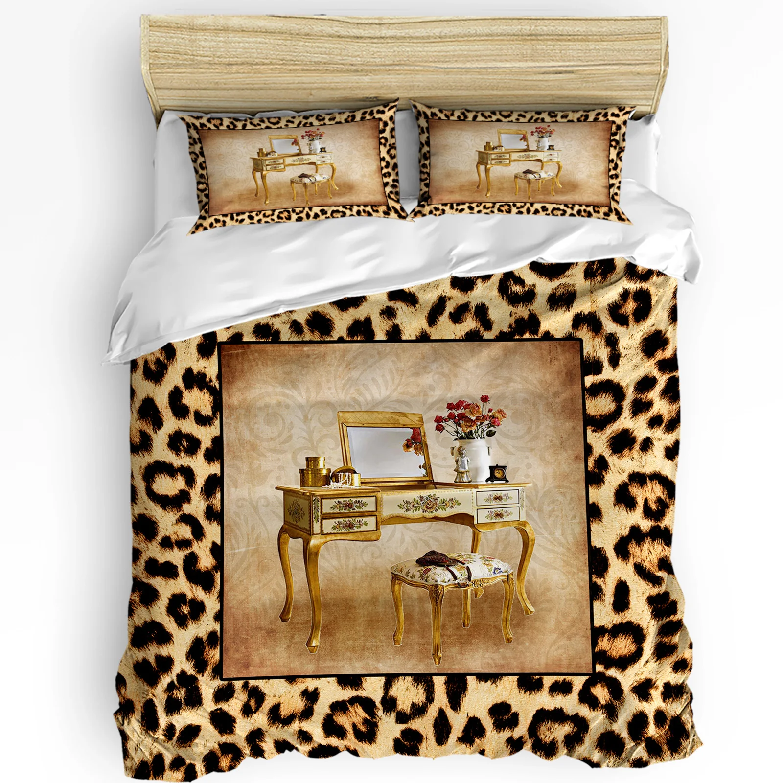 Leopard Print Animal Skin Texture Dressing Table Duvet Cover with Pillow Case Bedding Set Quilt Cover Double Bed Home Textile