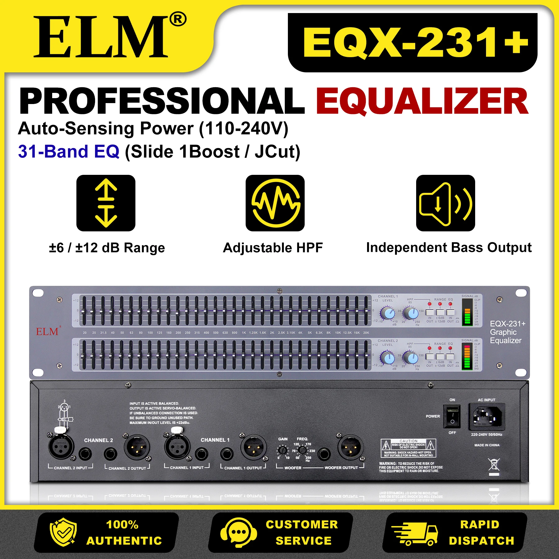 EQX-231+ Dual 31-Band Graphic Equalizer Pro Audio Processor with Adjustable HPF & Subwoofer Output for Studio Stage PA System